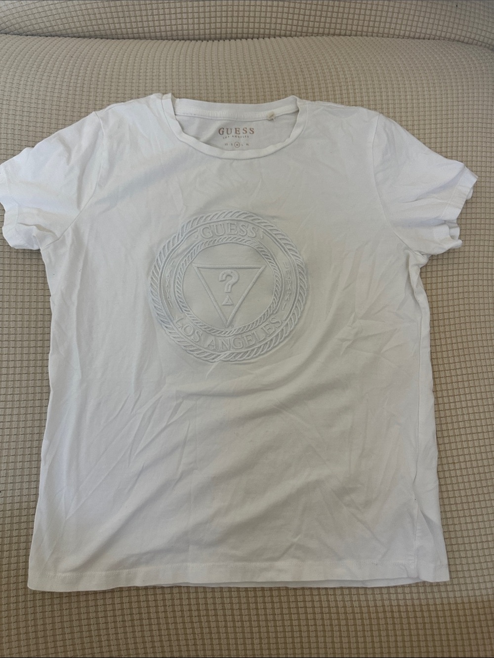 GUESS White Men's Embossed Logo Crew Tee